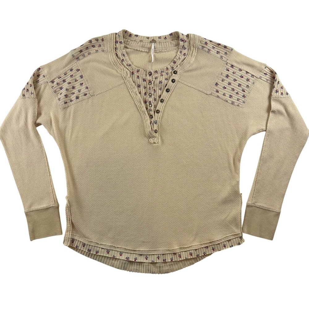 Free People Beige Waffle Knit Floral Contrast Henley Top Small Long Sleeve Boho
